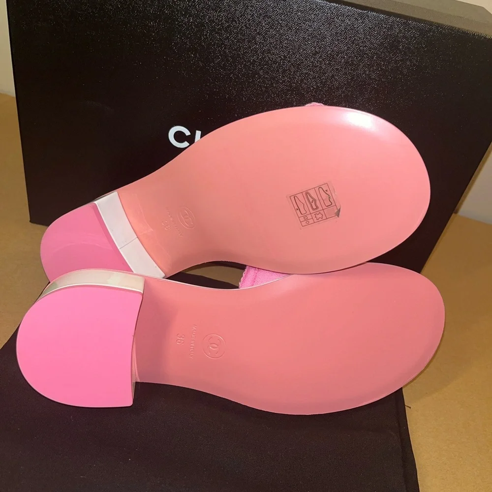 CHANEL Pink and White Logo Slide Sandals